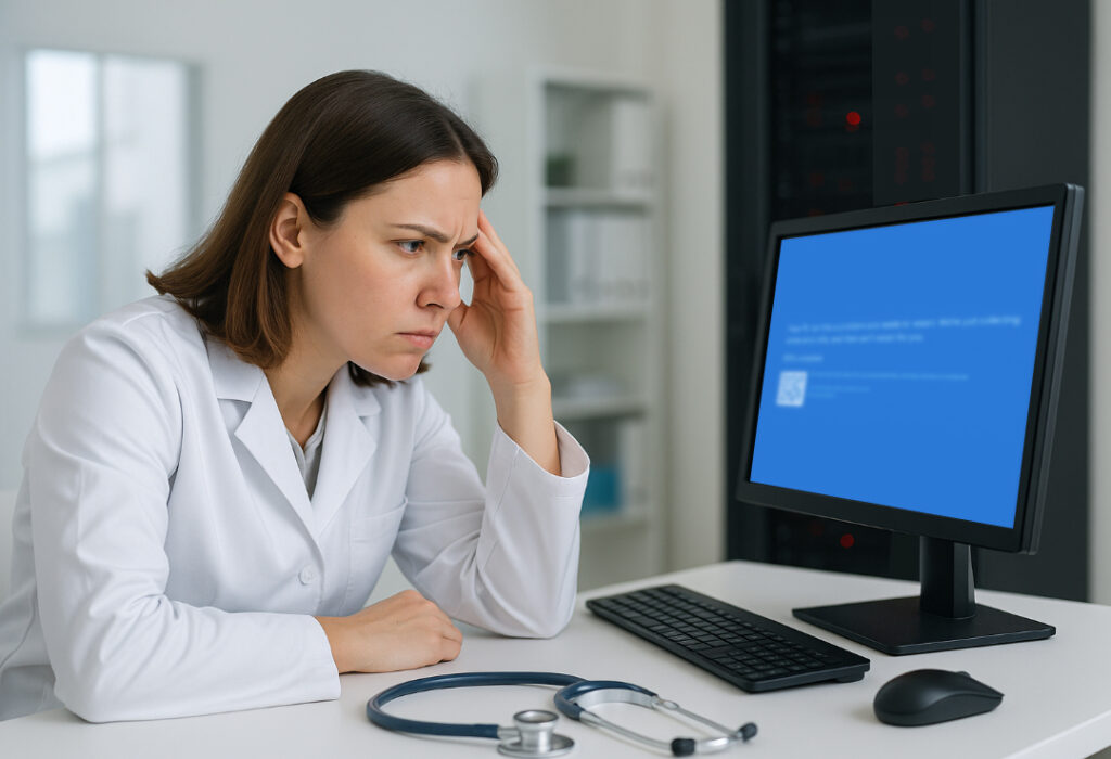 Ärztin sitzt wegen eines Serverausfalls in der Praxis vor einem Bildschrim mit einerFehlermeldung