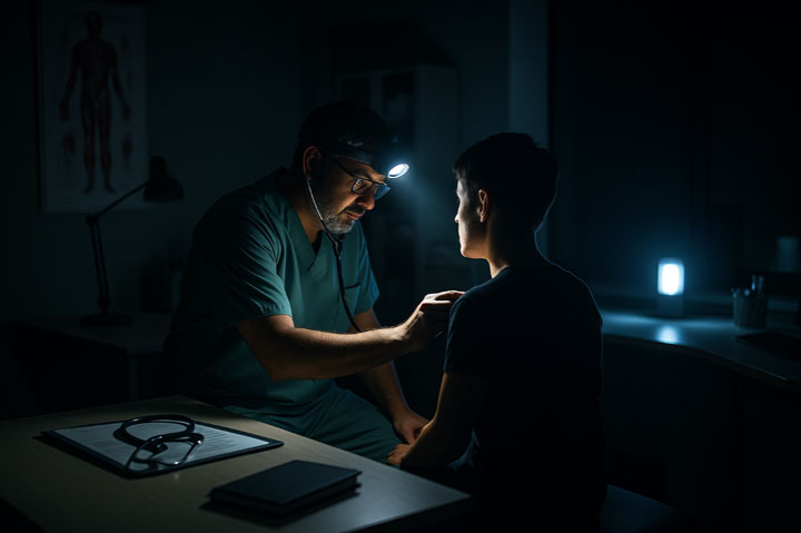 Ein Arzt untersucht nachts den Brustbereich eines Patienten in einem schwach beleuchteten Raum