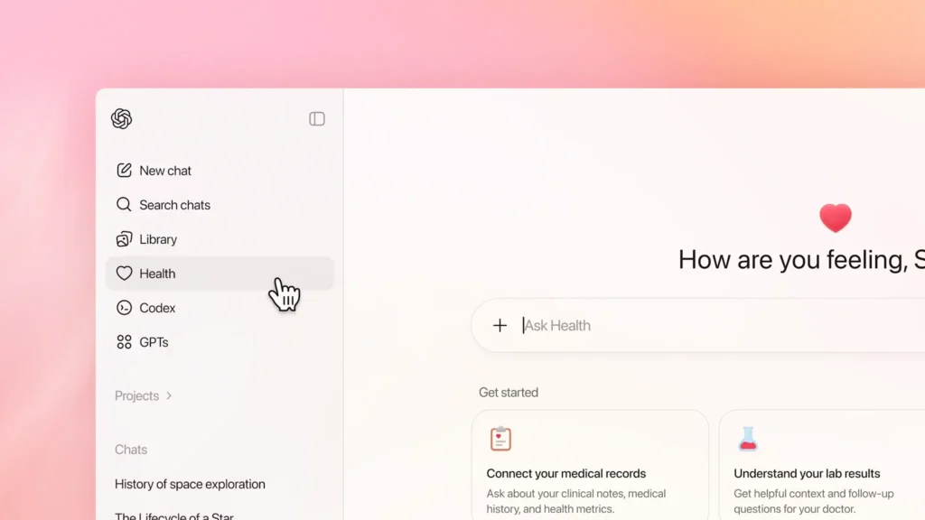 ChatGPT Health Benutzeroberfläche mit Gesundheitsbereich und Analyse medizinischer Daten